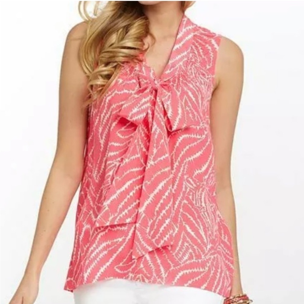 Lilly Pulitzer Pink Tank Top Silk Bow Front Tie Neck Dahlia‎ Blouse